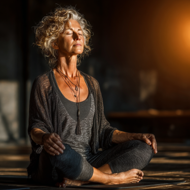 Літня жінка практикує йогу в спокійній обстановці